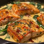 ['Close-up view of juicy salmon fillets in a creamy chipotle sauce, garnished with sun-dried tomatoes and spinach.', 'Side view of a plate featuring creamy chipotle salmon, showcasing vibrant colors and rich textures.', 'Appetizing salmon filets coated in a creamy chipotle sauce, displayed alongside fresh spinach and sun-dried tomatoes.', 'Detailed photo of a delicious salmon dish, highlighting the creamy sauce and vibrant ingredients.']