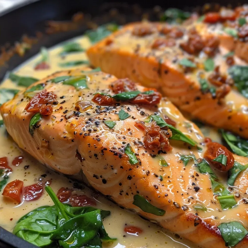 ['Close-up view of juicy salmon fillets in a creamy chipotle sauce, garnished with sun-dried tomatoes and spinach.', 'Side view of a plate featuring creamy chipotle salmon, showcasing vibrant colors and rich textures.', 'Appetizing salmon filets coated in a creamy chipotle sauce, displayed alongside fresh spinach and sun-dried tomatoes.', 'Detailed photo of a delicious salmon dish, highlighting the creamy sauce and vibrant ingredients.']