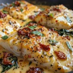 ['Juicy cod fillet in creamy sauce with spinach and sun-dried tomatoes.', 'Close-up of Keto Tuscan Cod garnished with spinach and tomatoes.', 'Delicious creamy Tuscan cod dish featuring vibrant spinach and sun-dried tomatoes.', 'Side view of succulent cod fillets in a rich, creamy sauce served with green spinach.']