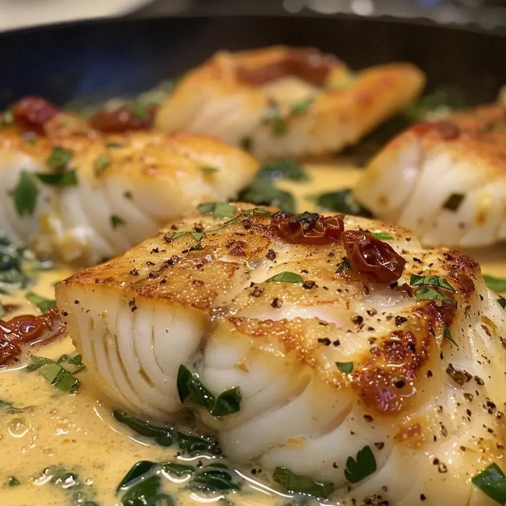 ['Juicy cod fillet in creamy sauce with spinach and sun-dried tomatoes.', 'Close-up of Keto Tuscan Cod garnished with spinach and tomatoes.', 'Delicious creamy Tuscan cod dish featuring vibrant spinach and sun-dried tomatoes.', 'Side view of succulent cod fillets in a rich, creamy sauce served with green spinach.']