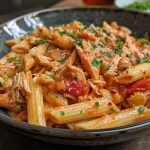 ['Close-up view of creamy turkey pasta topped with parsley.', 'Side view of a plate filled with leftover turkey pasta in a creamy sauce.', 'Delicious creamy pasta with turkey, garnished with fresh herbs.', 'Juicy and colorful turkey pasta dish presented on a white plate.']
