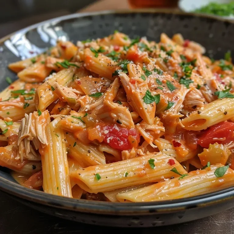 ['Close-up view of creamy turkey pasta topped with parsley.', 'Side view of a plate filled with leftover turkey pasta in a creamy sauce.', 'Delicious creamy pasta with turkey, garnished with fresh herbs.', 'Juicy and colorful turkey pasta dish presented on a white plate.']