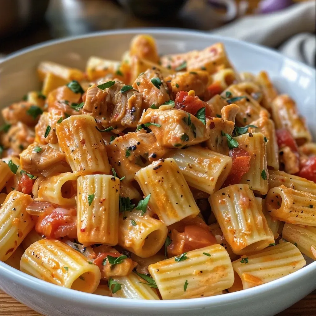 Close-up view of creamy turkey pasta topped with parsley.