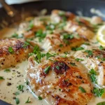 ['A close-up side view of a creamy lemon garlic turkey skillet with herbs on top.', 'Juicy ground turkey in a creamy sauce, garnished with fresh parsley and lemon zest.', 'A skillet filled with creamy lemon garlic turkey surrounded by vibrant ingredients.', 'A side view of a savory turkey dish with creamy texture and lemon highlights.']