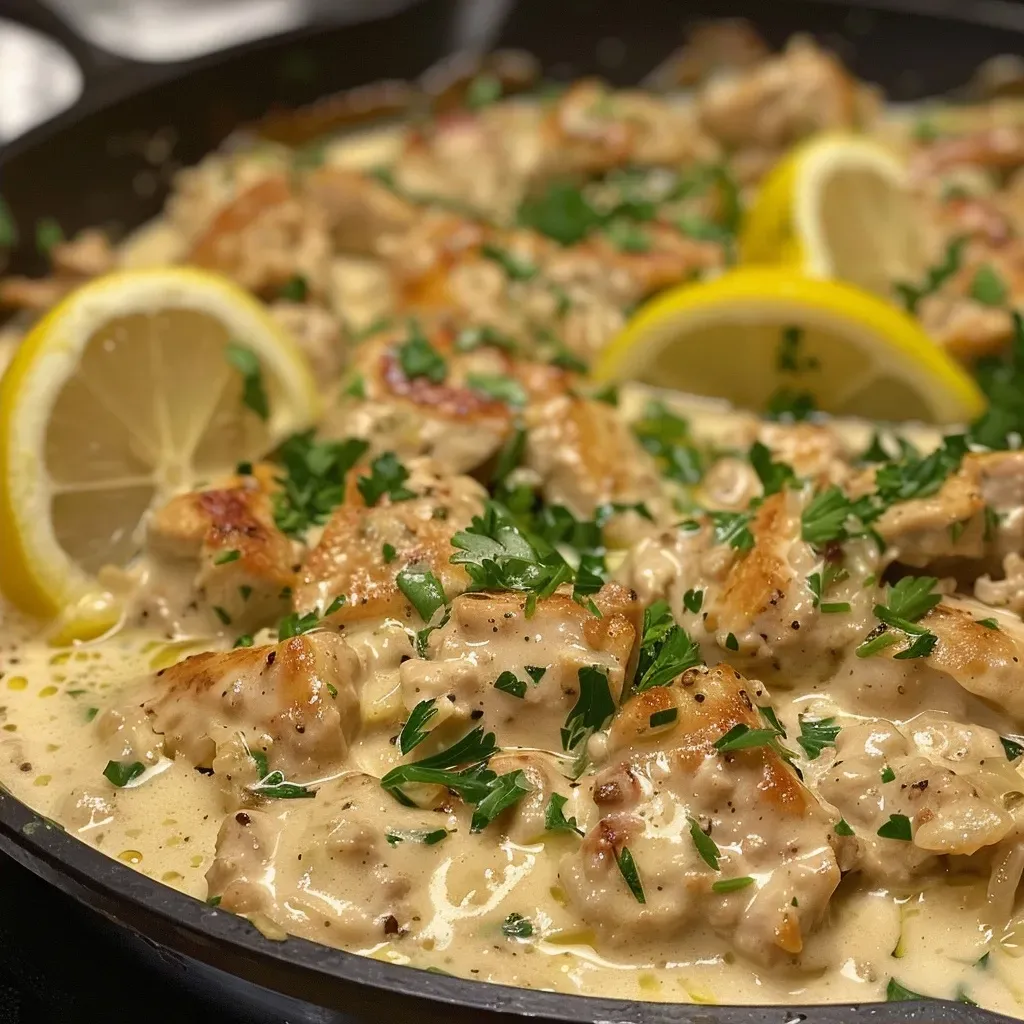 ['A close-up side view of a creamy lemon garlic turkey skillet with herbs on top.', 'Juicy ground turkey in a creamy sauce, garnished with fresh parsley and lemon zest.', 'A skillet filled with creamy lemon garlic turkey surrounded by vibrant ingredients.', 'A side view of a savory turkey dish with creamy texture and lemon highlights.']