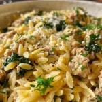 ['Close-up of creamy lemon herb ground turkey orzo in a skillet, showcasing its vibrant colors and texture.', 'Side view of a delicious orzo skillet dish featuring ground turkey and fresh herbs, garnished with parsley.', 'Juicy ground turkey and orzo mixture in a skillet, with visible spinach and lemon zest highlighting freshness.', 'Creamy orzo skillet with ground turkey, herbs, and a drizzle of olive oil, emphasizing its appetizing appearance.']