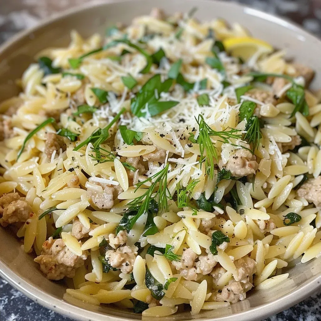 Close-up of creamy lemon herb ground turkey orzo in a skillet, showcasing its vibrant colors and texture.