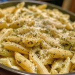 ['Close-up of creamy pesto pasta with penne, garnished with basil.', 'A delicious serving of creamy pesto pasta in a bowl, featuring a rich sauce.', 'Side view of creamy pesto penne pasta, showcasing its vibrant green color.', 'Juicy creamy pesto pasta topped with grated Parmesan in a white dish.']