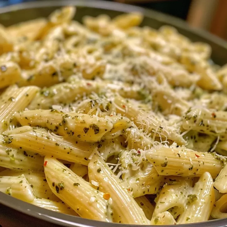 ['Close-up of creamy pesto pasta with penne, garnished with basil.', 'A delicious serving of creamy pesto pasta in a bowl, featuring a rich sauce.', 'Side view of creamy pesto penne pasta, showcasing its vibrant green color.', 'Juicy creamy pesto pasta topped with grated Parmesan in a white dish.']