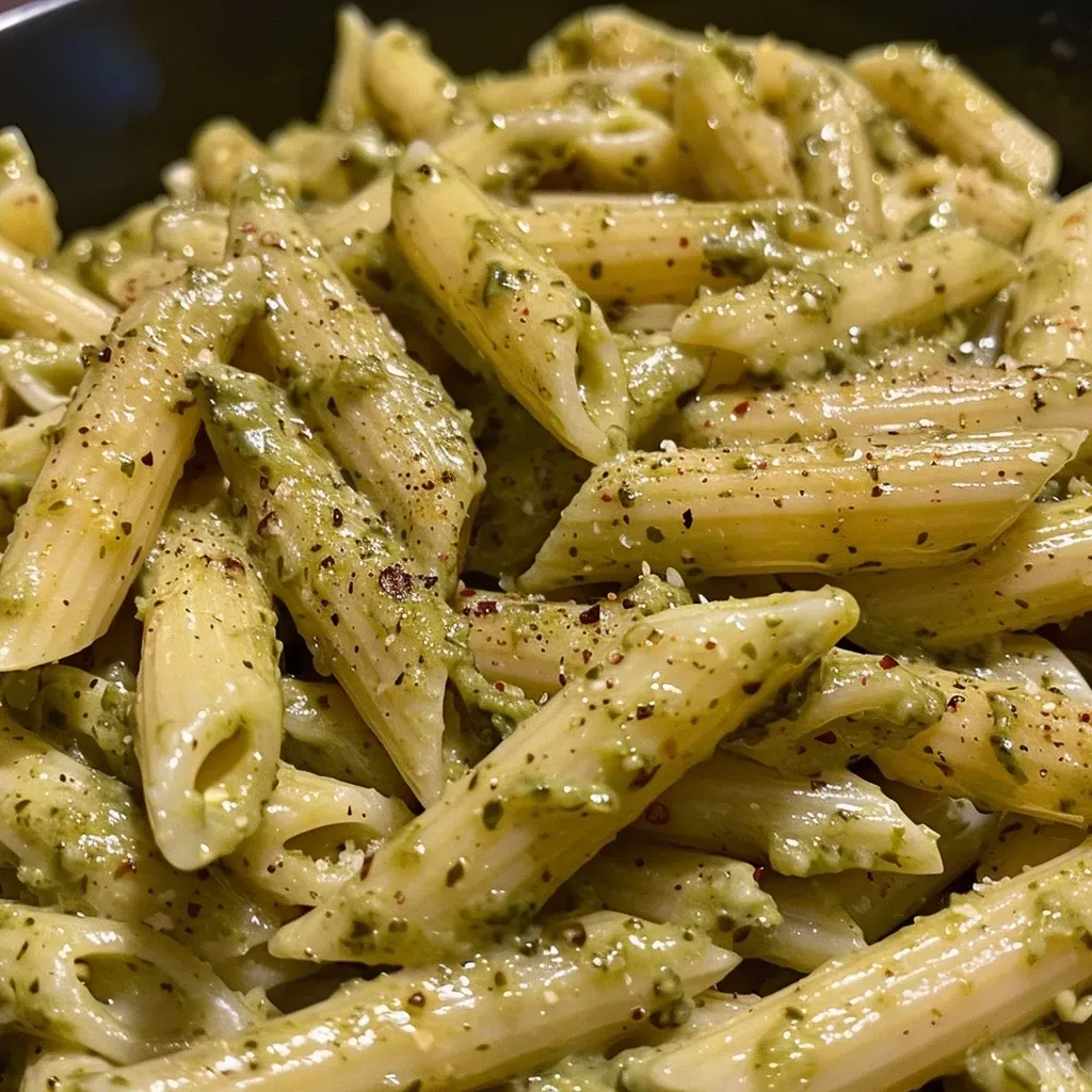 ['Close-up of creamy pesto pasta with penne, garnished with basil.', 'A delicious serving of creamy pesto pasta in a bowl, featuring a rich sauce.', 'Side view of creamy pesto penne pasta, showcasing its vibrant green color.', 'Juicy creamy pesto pasta topped with grated Parmesan in a white dish.']