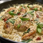 ['Creamy Tuscan chicken rice in a white bowl, garnished with fresh basil.', 'Close-up of creamy chicken and rice dish with vibrant spinach and sun-dried tomatoes.', 'Side view of a bowl filled with Tuscan chicken rice, showcasing creamy texture and colorful ingredients.', 'Juicy chicken pieces and rice in a creamy sauce, highlighted with basil leaves.']