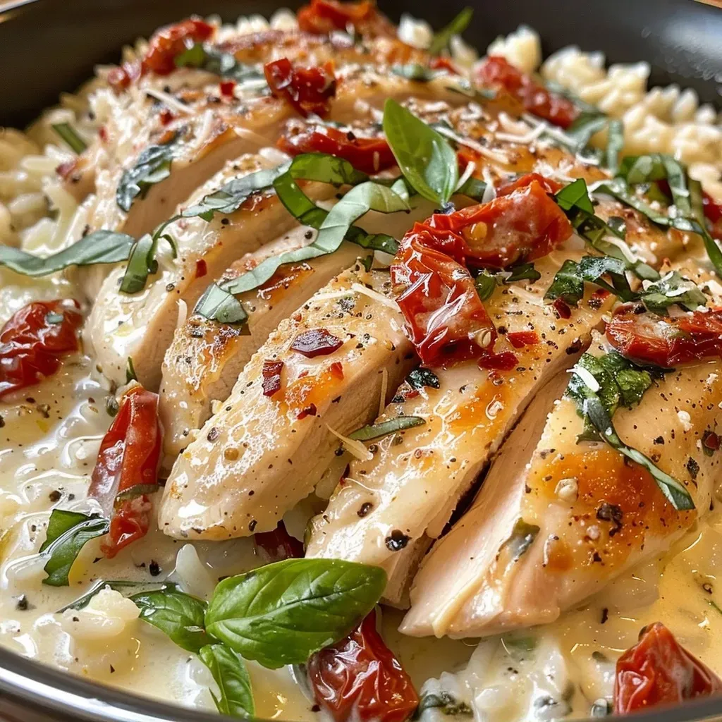 ['Creamy Tuscan chicken rice in a white bowl, garnished with fresh basil.', 'Close-up of creamy chicken and rice dish with vibrant spinach and sun-dried tomatoes.', 'Side view of a bowl filled with Tuscan chicken rice, showcasing creamy texture and colorful ingredients.', 'Juicy chicken pieces and rice in a creamy sauce, highlighted with basil leaves.']