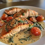 ['Close-up of Creamy Tuscan Salmon with vibrant cherry tomatoes and fresh spinach.', 'Juicy salmon fillet in a creamy sauce, garnished with basil and cherry tomatoes.', 'Side view of a succulent salmon dish topped with garlic and a rich creamy sauce.', 'Delicious Creamy Tuscan Salmon featuring spinach, tomatoes, and herbs.']