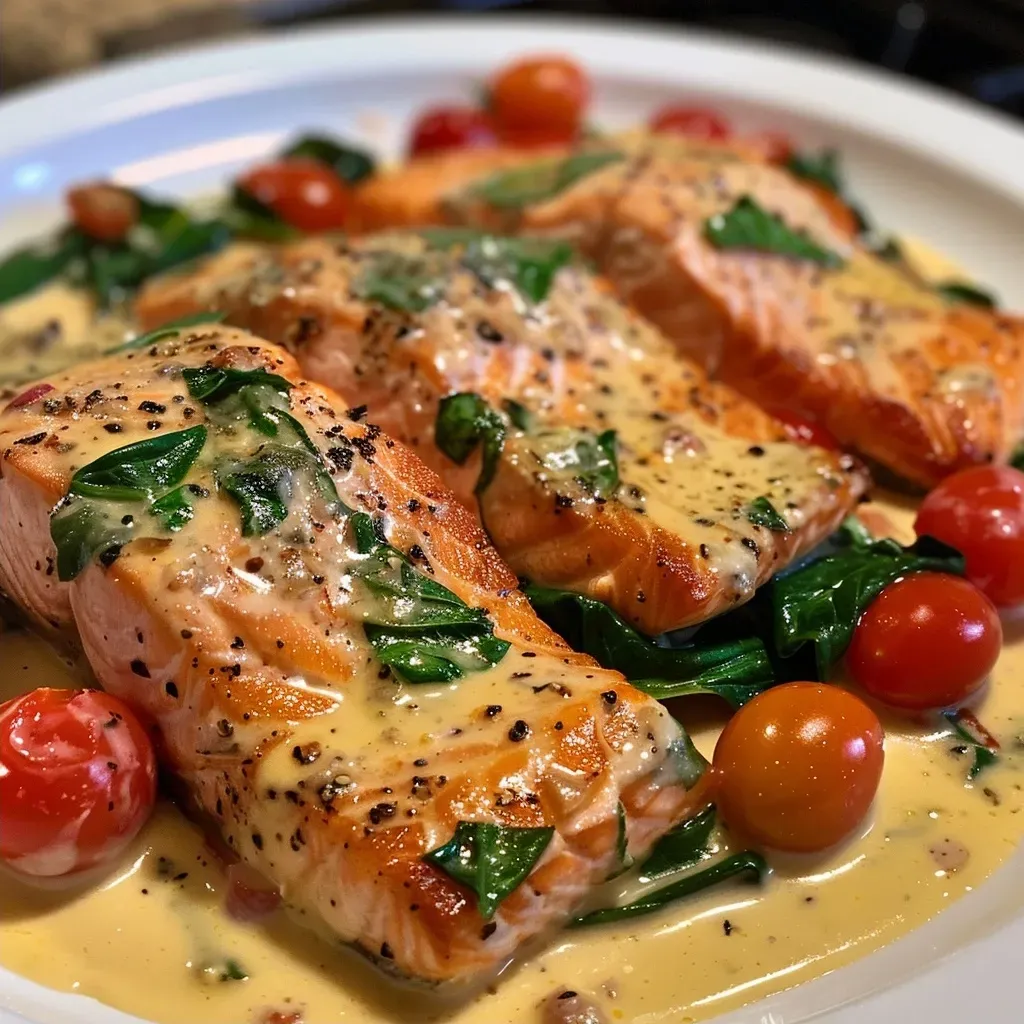['Close-up of Creamy Tuscan Salmon with vibrant cherry tomatoes and fresh spinach.', 'Juicy salmon fillet in a creamy sauce, garnished with basil and cherry tomatoes.', 'Side view of a succulent salmon dish topped with garlic and a rich creamy sauce.', 'Delicious Creamy Tuscan Salmon featuring spinach, tomatoes, and herbs.']