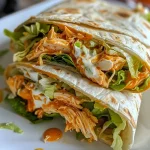 ['Close-up of a Crispy Buffalo Chicken Wrap filled with shredded chicken and lettuce.', 'Side view of a crispy buffalo chicken wrap drizzled with blue cheese dressing.', 'Juicy buffalo chicken wrap showing vibrant ingredients like lettuce and shredded cheese.', 'Detailed shot of a buffalo chicken wrap with visible layers of chicken and sauce.']