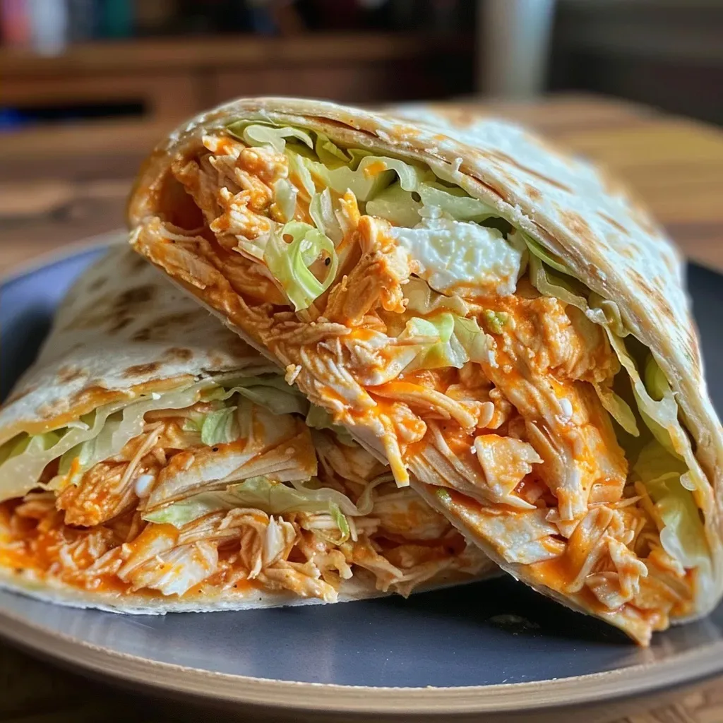 ['Close-up of a Crispy Buffalo Chicken Wrap filled with shredded chicken and lettuce.', 'Side view of a crispy buffalo chicken wrap drizzled with blue cheese dressing.', 'Juicy buffalo chicken wrap showing vibrant ingredients like lettuce and shredded cheese.', 'Detailed shot of a buffalo chicken wrap with visible layers of chicken and sauce.']