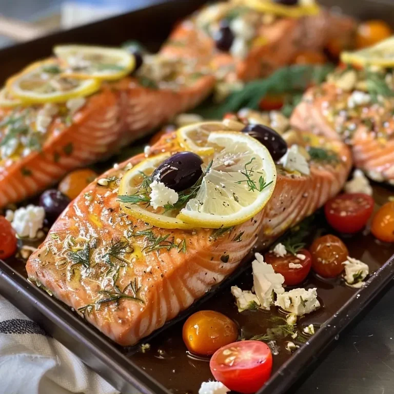 ['Close-up of a juicy baked salmon fillet topped with cherry tomatoes and garnished with lemon slices and olives.', 'Side view of flavorful Easy Baked Greek Salmon with vibrant cherry tomatoes and herbs, served on a plate.', 'Tender salmon fillets drizzled with olive oil, sprinkled with fresh dill and garnished with feta cheese and lemon.', 'Succulent salmon served with colorful side garnishes of Kalamata olives, lemon slices, and cherry tomatoes.']