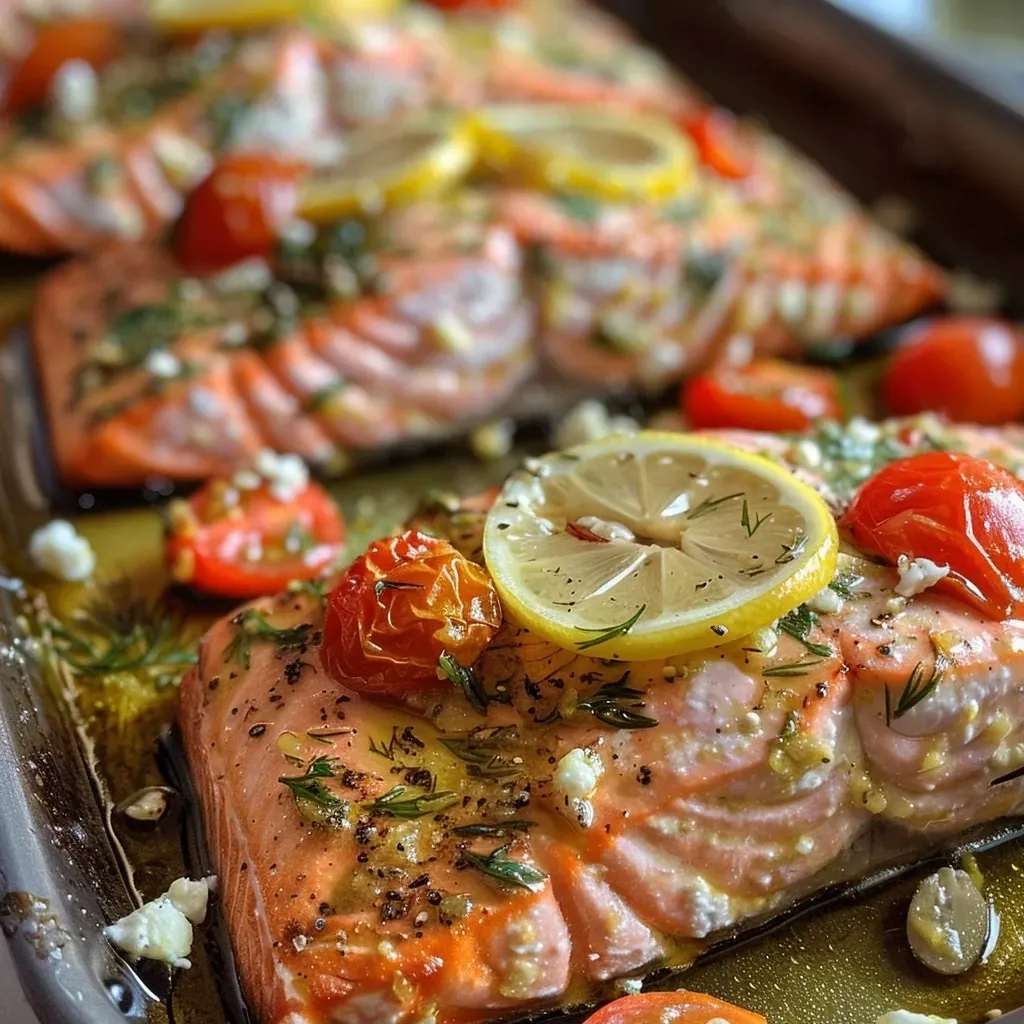 ['Close-up of a juicy baked salmon fillet topped with cherry tomatoes and garnished with lemon slices and olives.', 'Side view of flavorful Easy Baked Greek Salmon with vibrant cherry tomatoes and herbs, served on a plate.', 'Tender salmon fillets drizzled with olive oil, sprinkled with fresh dill and garnished with feta cheese and lemon.', 'Succulent salmon served with colorful side garnishes of Kalamata olives, lemon slices, and cherry tomatoes.']