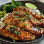 ['Close-up of juicy teriyaki tilapia fillet garnished with green onions and sesame seeds.', 'Side view of succulent teriyaki tilapia on a plate, highlighted by a lime wedge.', 'Detailed shot of Easy Teriyaki Tilapia served with rice and vegetables, showcasing its glistening sauce.', 'Appetizing image of a tilapia fillet with a glossy teriyaki glaze, surrounded by garnishes.']
