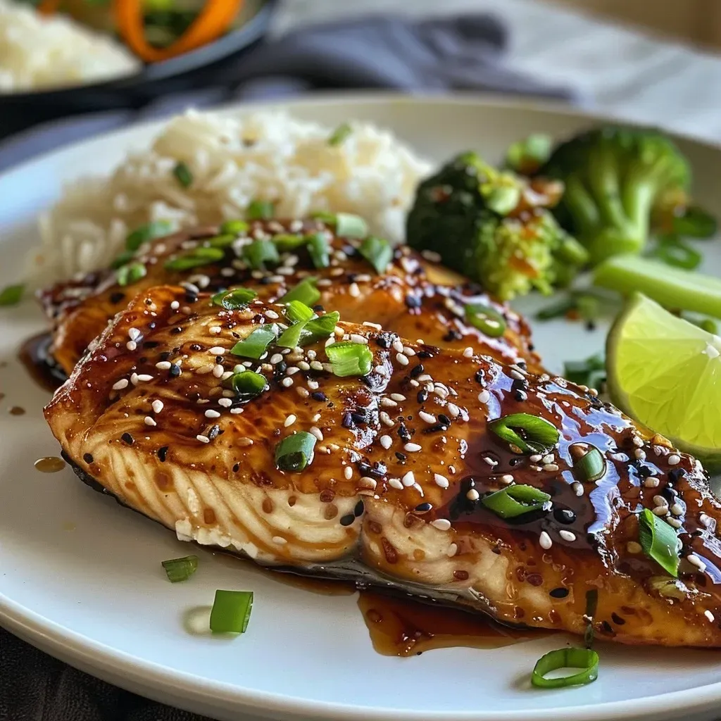 ['Close-up of juicy teriyaki tilapia fillet garnished with green onions and sesame seeds.', 'Side view of succulent teriyaki tilapia on a plate, highlighted by a lime wedge.', 'Detailed shot of Easy Teriyaki Tilapia served with rice and vegetables, showcasing its glistening sauce.', 'Appetizing image of a tilapia fillet with a glossy teriyaki glaze, surrounded by garnishes.']