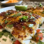 ['Juicy baked cod fillet topped with Rotel and cheese, on a white plate.', 'Close-up of Fiesta Baked Cod with melted cheese, garnished and ready to serve.', 'Side view of a succulent cod filet drizzled with balsamic vinaigrette and colorful toppings.', 'Cooked cod dish featuring vibrant toppings, resting on a wooden table.']