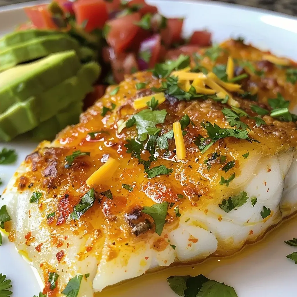 Juicy baked cod fillet topped with Rotel and cheese, on a white plate.
