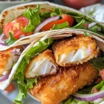 ['A close-up side view of Fish Stick Wraps filled with lettuce and tomatoes.', 'Juicy Fish Stick Wraps displayed on a plate, showcasing fresh ingredients.', 'A tantalizing close-up of Fish Stick Wraps with tartar sauce and colorful toppings.', 'Side view image of fish stick-filled tortillas, highlighting crisp lettuce and diced tomatoes.']