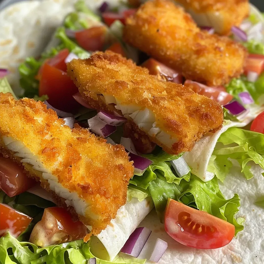 A close-up side view of Fish Stick Wraps filled with lettuce and tomatoes.