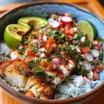 ['Close-up view of fish taco bowls with fluffy rice and seasoned cod.', 'Side perspective of vibrant fish taco bowls topped with fresh ingredients.', 'Juicy fish taco bowls featuring creamy chipotle ranch dressing and colorful toppings.', 'Delicious fish taco bowl filled with rice, seasoned cod, and fresh garnishes.']