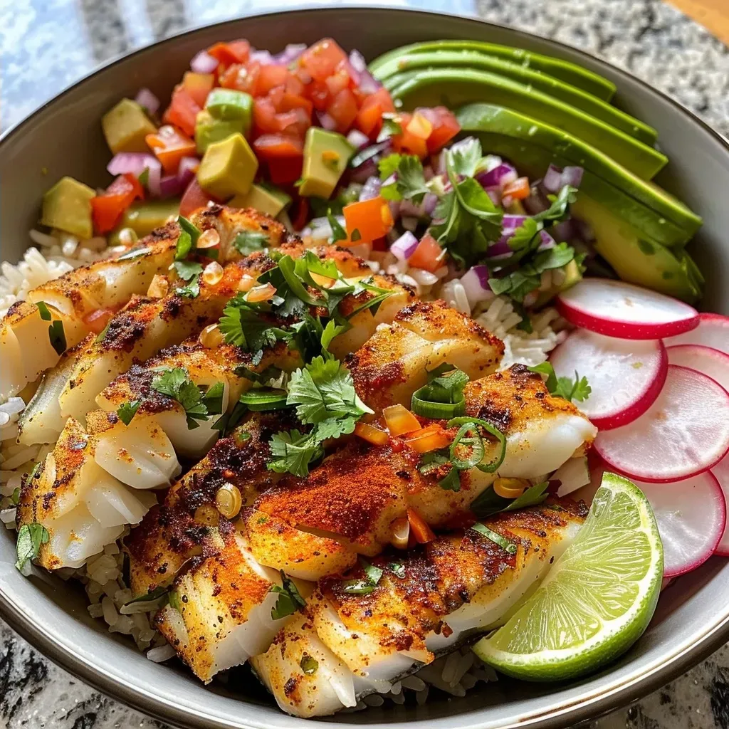 Close-up view of fish taco bowls with fluffy rice and seasoned cod.