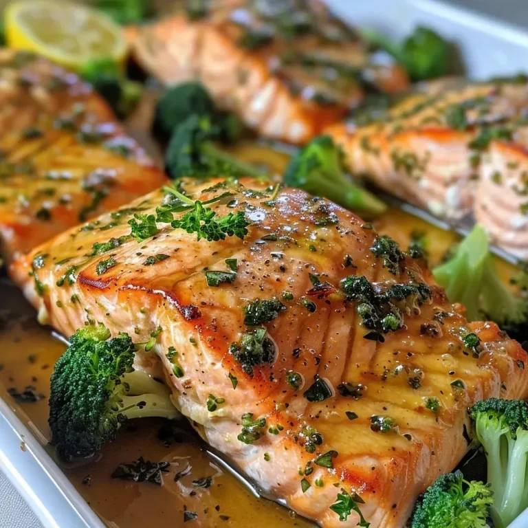 ['Juicy garlic butter baked salmon fillet served with broccoli.', 'Close-up view of seasoned salmon fillet garnished with parsley.', 'Glazed salmon drizzled with garlic butter alongside fresh broccoli.', 'Side view of delicious baked salmon with lemon and herbs.']