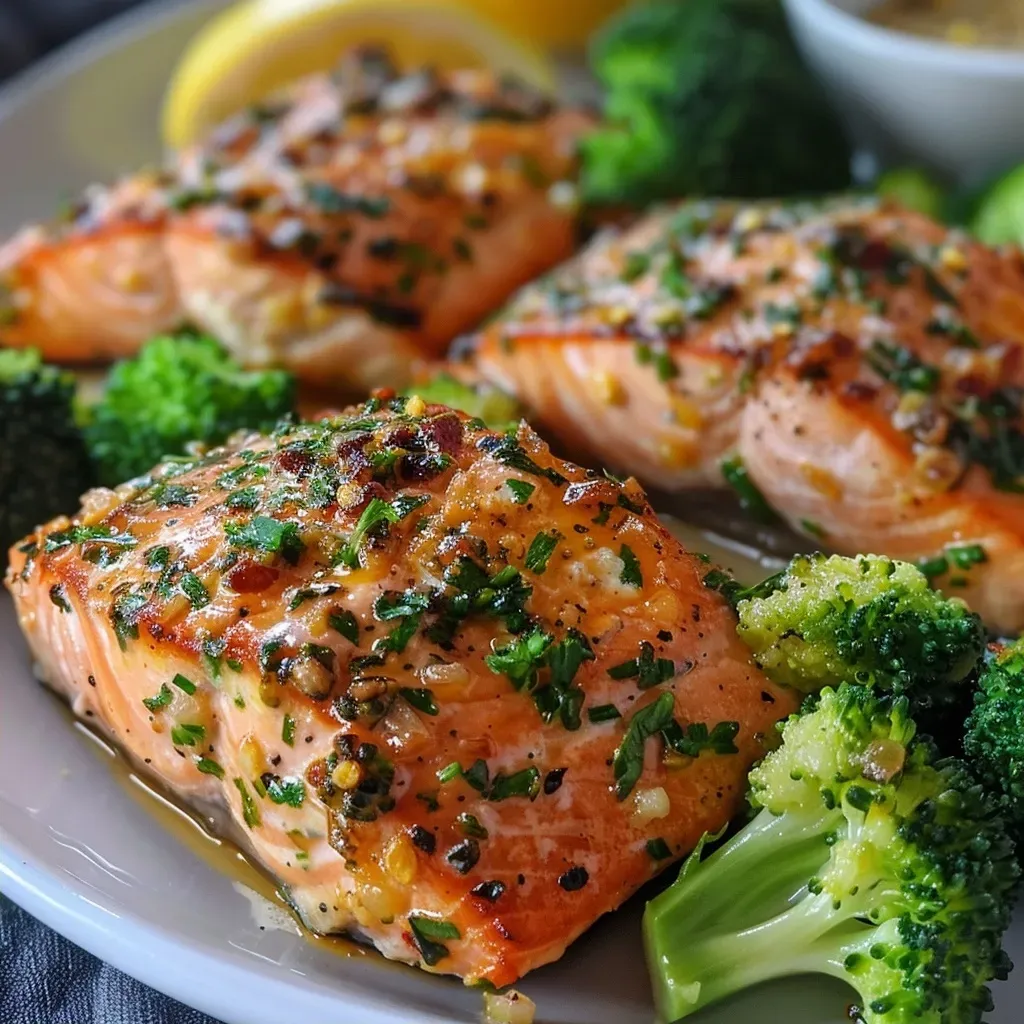 ['Juicy garlic butter baked salmon fillet served with broccoli.', 'Close-up view of seasoned salmon fillet garnished with parsley.', 'Glazed salmon drizzled with garlic butter alongside fresh broccoli.', 'Side view of delicious baked salmon with lemon and herbs.']