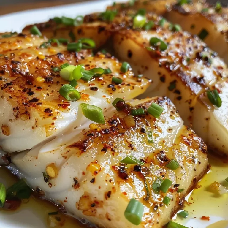 ['Close-up of juicy Garlic Butter Cod Fish fillets garnished with green onions.', 'Side view of succulent cod fish fillets in garlic butter sauce with lemon zest.', 'Deliciously prepared cod fish with a golden garlic butter glaze and green onion topping.', 'Appetizing Garlic Butter Cod Fish fillets displayed on a white plate.']