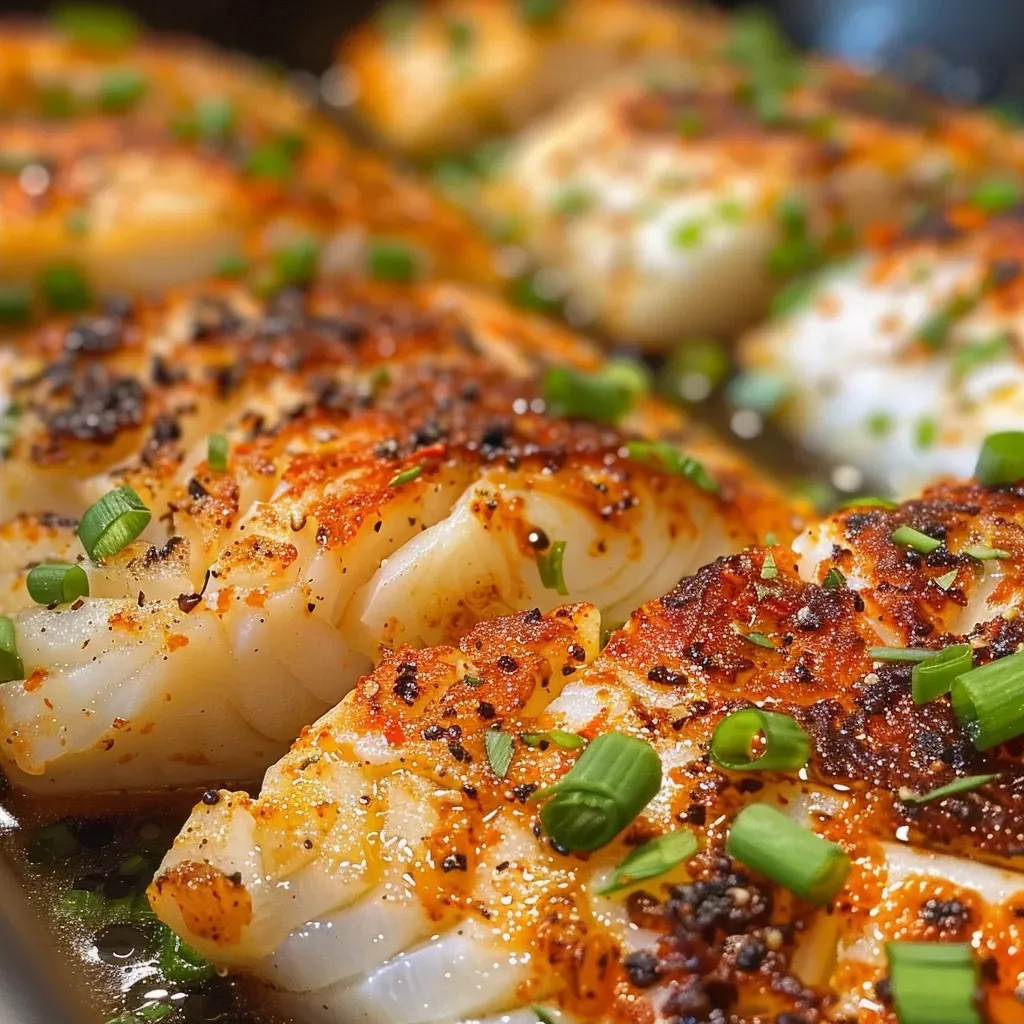 ['Close-up of juicy Garlic Butter Cod Fish fillets garnished with green onions.', 'Side view of succulent cod fish fillets in garlic butter sauce with lemon zest.', 'Deliciously prepared cod fish with a golden garlic butter glaze and green onion topping.', 'Appetizing Garlic Butter Cod Fish fillets displayed on a white plate.']