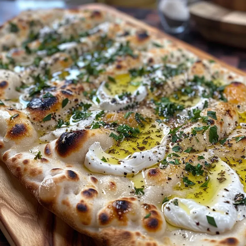 Close-up of Garlic Labneh flatbread topped with juicy steak and blood orange slices.