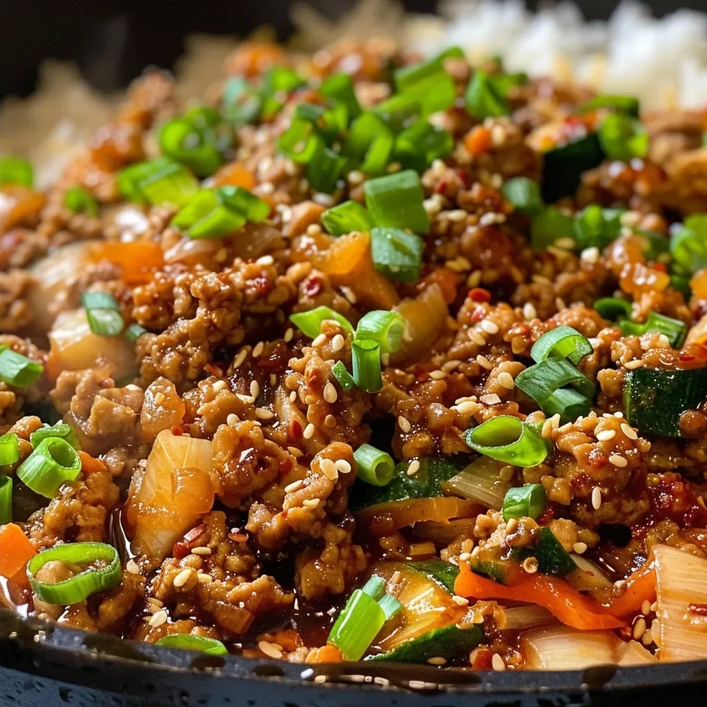 ['Close-up view of a ginger ground turkey and zucchini skillet, showcasing vibrant colors and textures.', 'Juicy ginger ground turkey skillet with zucchini and garnished with green onions and sesame seeds.', 'Side angle of a delicious ginger ground turkey dish featuring sliced zucchini and a rich sauce.', 'Colorful skillet dish with ground turkey, zucchini, and fresh toppings, highlighting a home-cooked meal.']