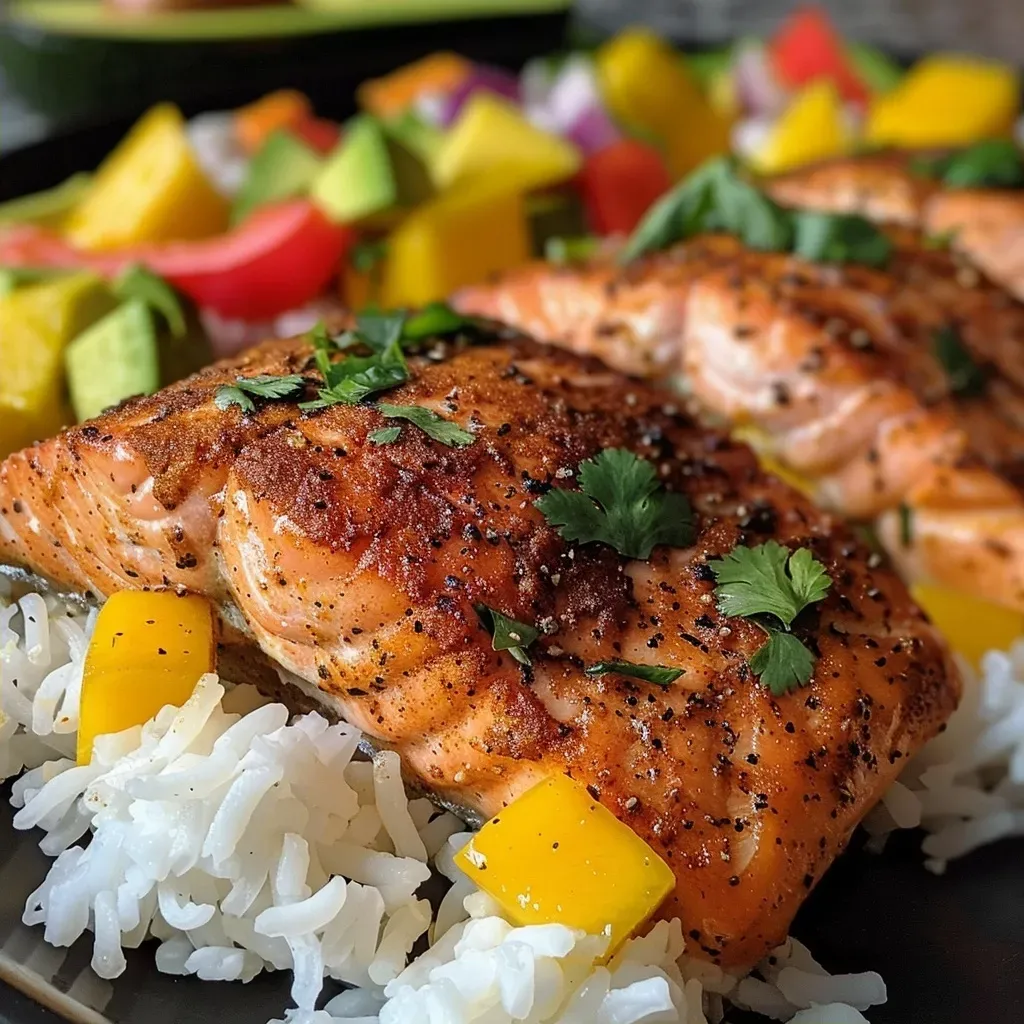 ['Juicy Cajun salmon fillet garnished with vibrant mango salsa.', 'Close-up side view of gluten-free Cajun salmon with colorful toppings.', 'Succulent salmon seasoned with Cajun spices and fresh vegetables.', 'Detailed shot of salmon filet served with diced mango and bell pepper.']