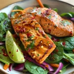 ['Close-up view of a colorful salad featuring grilled salmon, spinach, red cabbage, and carrots.', 'Delicious grilled salmon salad with vibrant vegetables and a honey lime dressing.', 'A side view of a gluten-free salmon salad showcasing juicy salmon and fresh greens.', 'Bowl of honey lime grilled salmon salad with red cabbage, spinach, and carrots.']