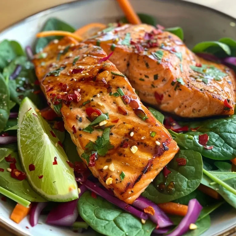 ['Close-up view of a colorful salad featuring grilled salmon, spinach, red cabbage, and carrots.', 'Delicious grilled salmon salad with vibrant vegetables and a honey lime dressing.', 'A side view of a gluten-free salmon salad showcasing juicy salmon and fresh greens.', 'Bowl of honey lime grilled salmon salad with red cabbage, spinach, and carrots.']