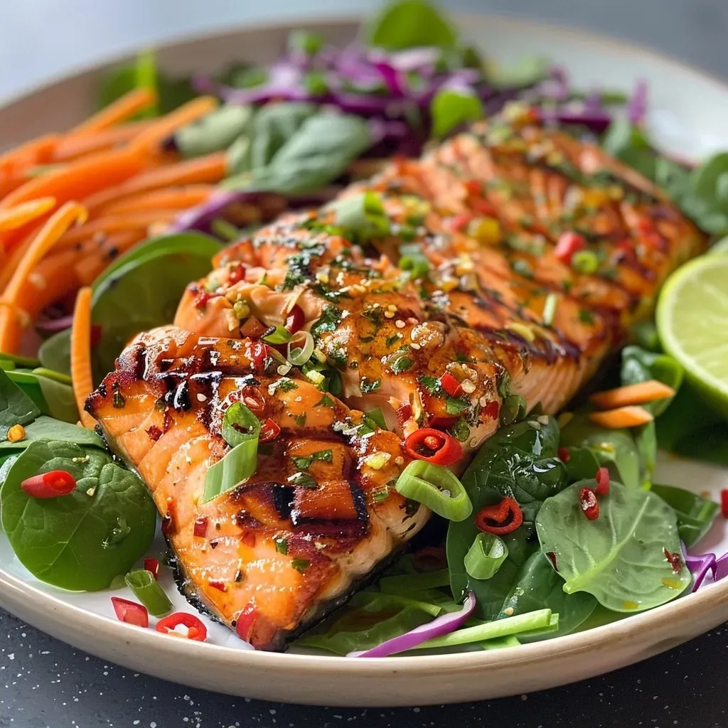 Close-up view of a colorful salad featuring grilled salmon, spinach, red cabbage, and carrots.