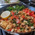 ['Close-up view of a Greek Turkey and Rice Skillet, showcasing colorful ingredients and textures.', 'A delicious Greek Turkey and Rice Skillet with visible spinach, tomatoes, and olives in a skillet.', 'Side view of a hearty Greek Turkey and Rice dish, highlighting the turkey and vibrant toppings.', 'Juicy Greek Turkey and Rice Skillet with fresh parsley and feta, captured in a close-up shot.']