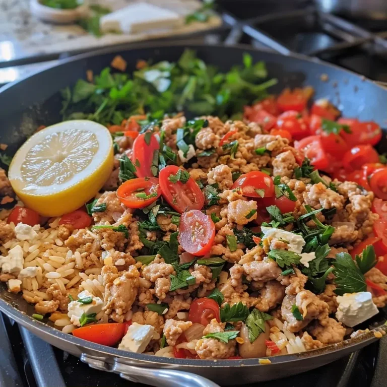 ['Close-up view of a Greek Turkey and Rice Skillet, showcasing colorful ingredients and textures.', 'A delicious Greek Turkey and Rice Skillet with visible spinach, tomatoes, and olives in a skillet.', 'Side view of a hearty Greek Turkey and Rice dish, highlighting the turkey and vibrant toppings.', 'Juicy Greek Turkey and Rice Skillet with fresh parsley and feta, captured in a close-up shot.']