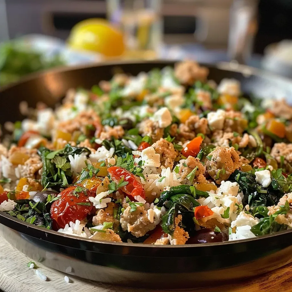 Close-up view of a Greek Turkey and Rice Skillet, showcasing colorful ingredients and textures.