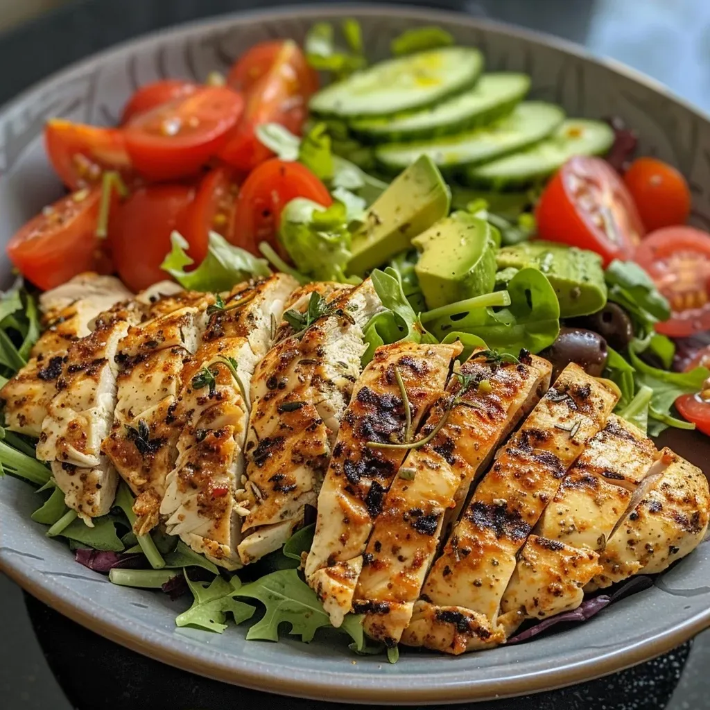 Close-up view of a vibrant Grilled Cajun Chicken Salad with creamy dressing.