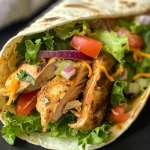 ['Close-up view of a grilled chicken wrap filled with lettuce, tomato, onion, cheese, and chipotle mayo.', 'Side view of a juicy grilled chicken wrap showcasing colorful ingredients like shredded lettuce and diced tomatoes.', 'Detailed photo of a grilled chicken wrap, highlighting the layers of chicken, cheese, and vegetables with a creamy sauce.', 'Appetizing close-up of a wrapped grilled chicken sandwich ready to be enjoyed, featuring vibrant toppings.']