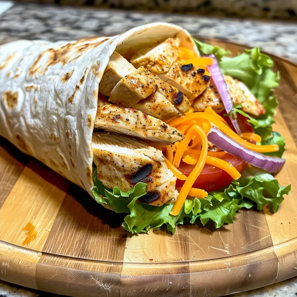 ['Close-up view of a grilled chicken wrap filled with lettuce, tomato, onion, cheese, and chipotle mayo.', 'Side view of a juicy grilled chicken wrap showcasing colorful ingredients like shredded lettuce and diced tomatoes.', 'Detailed photo of a grilled chicken wrap, highlighting the layers of chicken, cheese, and vegetables with a creamy sauce.', 'Appetizing close-up of a wrapped grilled chicken sandwich ready to be enjoyed, featuring vibrant toppings.']