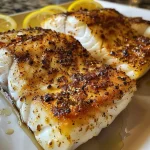 ['Close-up view of grilled cod fillets garnished with lemon slices.', 'Juicy grilled cod fillets on a plate, drizzled with melted butter and seasoned.', 'Side view of perfectly grilled cod, showcasing its flaky texture and Cajun seasoning.', 'Appetizing grilled cod fillets next to thinly sliced lemon on a wooden surface.']
