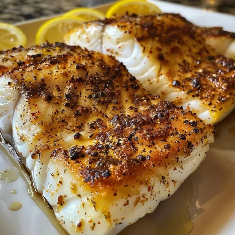 ['Close-up view of grilled cod fillets garnished with lemon slices.', 'Juicy grilled cod fillets on a plate, drizzled with melted butter and seasoned.', 'Side view of perfectly grilled cod, showcasing its flaky texture and Cajun seasoning.', 'Appetizing grilled cod fillets next to thinly sliced lemon on a wooden surface.']