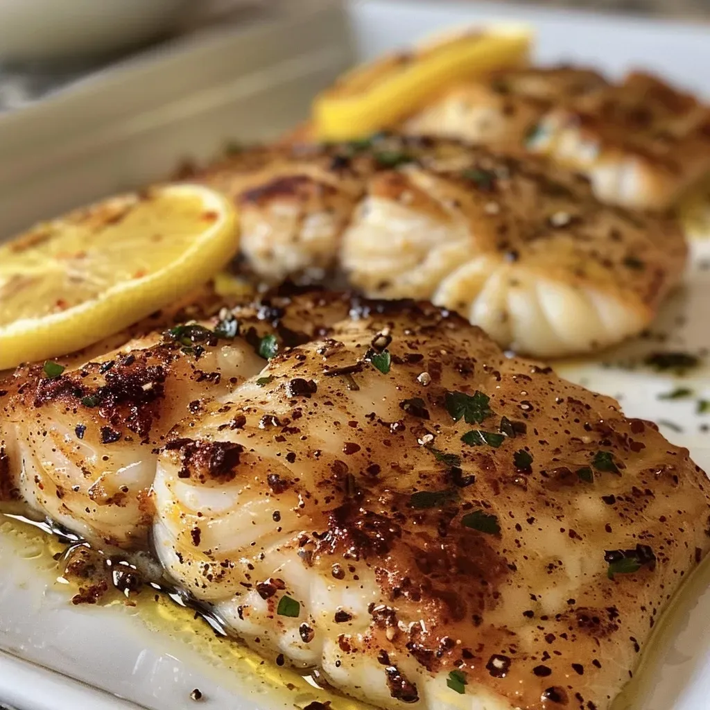 ['Close-up view of grilled cod fillets garnished with lemon slices.', 'Juicy grilled cod fillets on a plate, drizzled with melted butter and seasoned.', 'Side view of perfectly grilled cod, showcasing its flaky texture and Cajun seasoning.', 'Appetizing grilled cod fillets next to thinly sliced lemon on a wooden surface.']