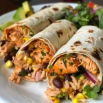 ['Close-up view of a grilled salmon burrito filled with vibrant ingredients.', 'Side angle of a delicious grilled salmon burrito showcasing its colorful filling.', 'Juicy grilled salmon burrito with toppings, highlighting textures and freshness.', 'Detailed view of a burrito featuring grilled salmon and fresh vegetables.']